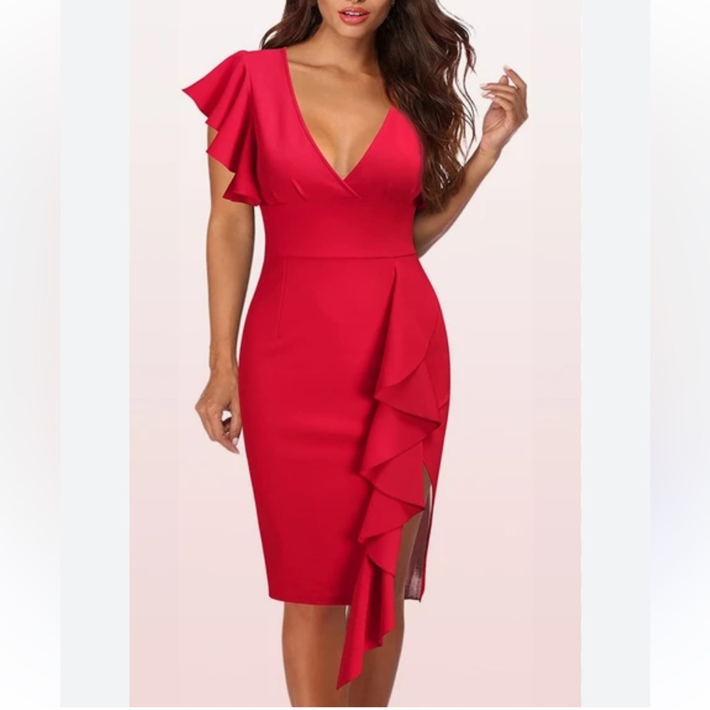 🤩 SALE Knitee Women's Deep-V Neck Ruffle Sleeves Cocktail Party Dress